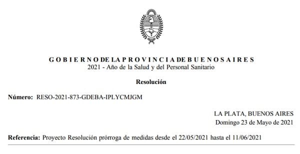 Proyecto Resolución prórroga de medidas desde el 22/05/2021 hasta el 11/06/2021