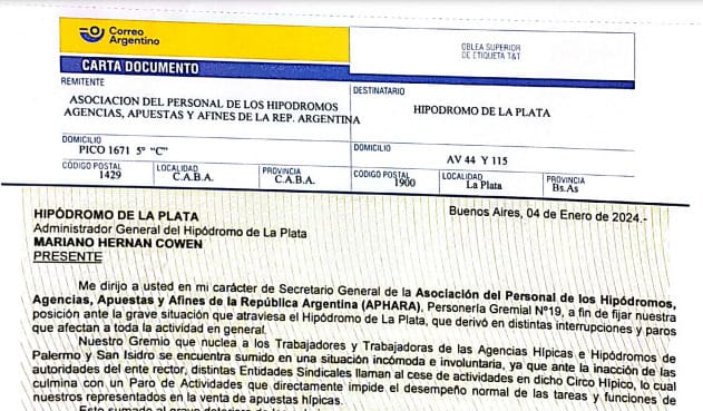 Carta Documento de APHARA a las Autoridades del Hipódromo de La Plata